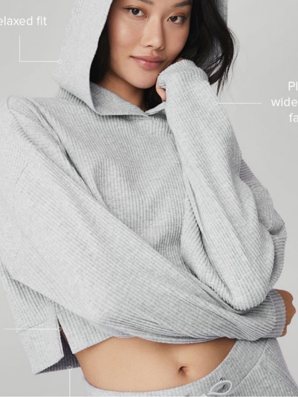 ALO Yoga Light Gray Cropped Ribbed Hoodie